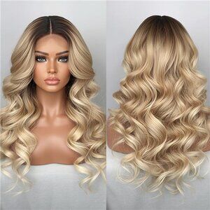 Ombre Honey Blonde Curly Wave Wig | Lace Front, Shoulder Length, Glueless,